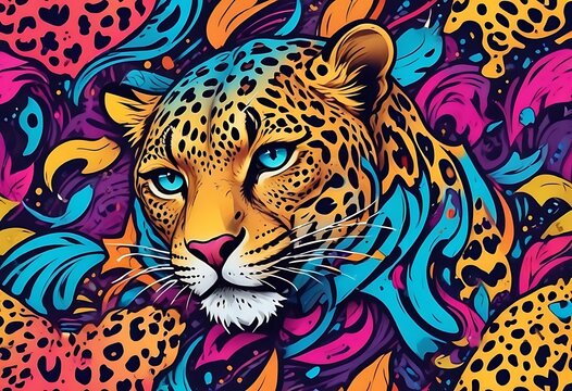 Colorful drawing of a leopard with a blue eye