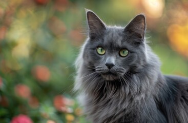 Obraz premium Elegant grey cat portrait in a garden nature photography serene environment close-up viewpoint
