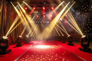 Red Theater Stage with Dramatic Lighting and Velvet Curtains, Elegant Performance Venue Setup with Spotlight and Theatrical Atmosphere