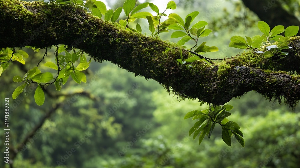 Aufkleber verdant tree-branch draped in moss in a lush green forest : generative ai