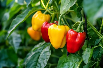 Growing pepper plants with big fruits. Juicy yellow, red peppers hanging on the vine. Plantation. Produce in a Modern greenhouse. Close Up ripe pepper on a branch. Crop of vegetables. Selective focus