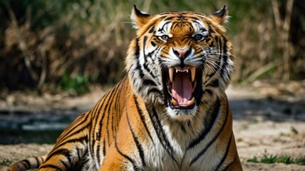 Fototapeta premium The majestic Siberian tiger, a powerful feline predator with striking stripes, roams freely in the wild, a stark contrast to its captive counterpart in the zoo