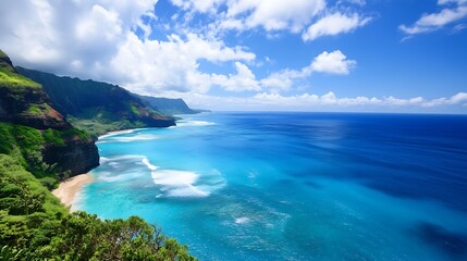 Breathtaking Coastal Panorama of Turquoise Waters and Lush Cliffs Under Blue Sky : Generative AI