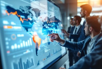 Group of men are looking at a computer monitor with a world map on it
