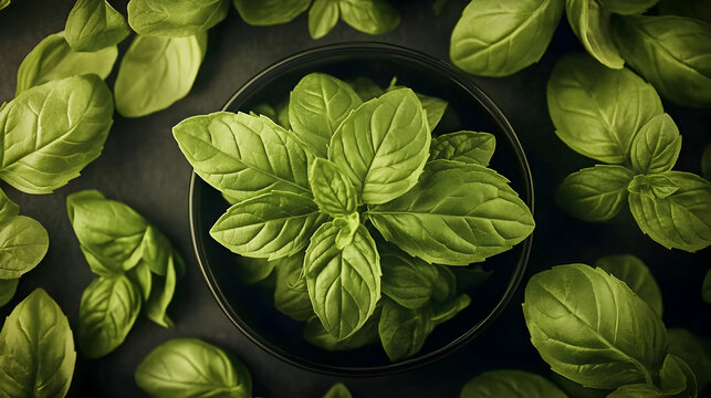 Fresh basil leaves in a bowl, overhead shot; dark background, culinary herb, food photography, recipe ingredient