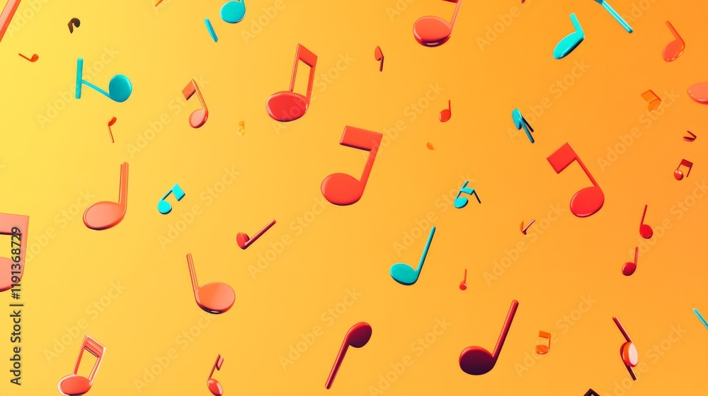 Poster Colorful music notes are falling on an orange background, creating a vibrant and dynamic visual representation of singing, sound recording, and musical expression