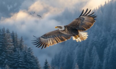 Fototapeta premium Majestic bald eagle soars, snowy mountainscape.
