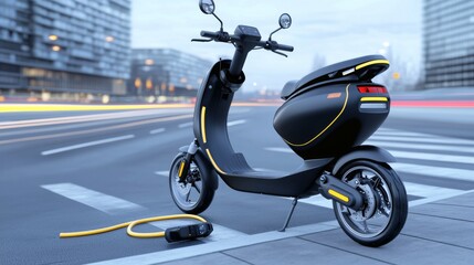 Electric scooter parked on city street with charging cable next to it, showcasing modern urban transportation