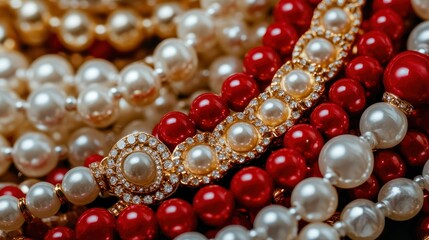 Luxurious Red and White Pearl Necklace Collection Close-up