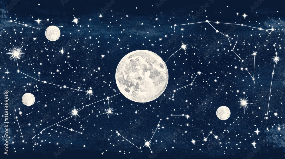 Poster Enchanting starry night sky adorned with constellations and a luminous full moon illuminating the darkness. Generative AI