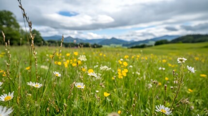 Vast Meadow with Wildflowers Against Scenic Mountain Backdrop Under Cloudy Blue Sky : Generative AI