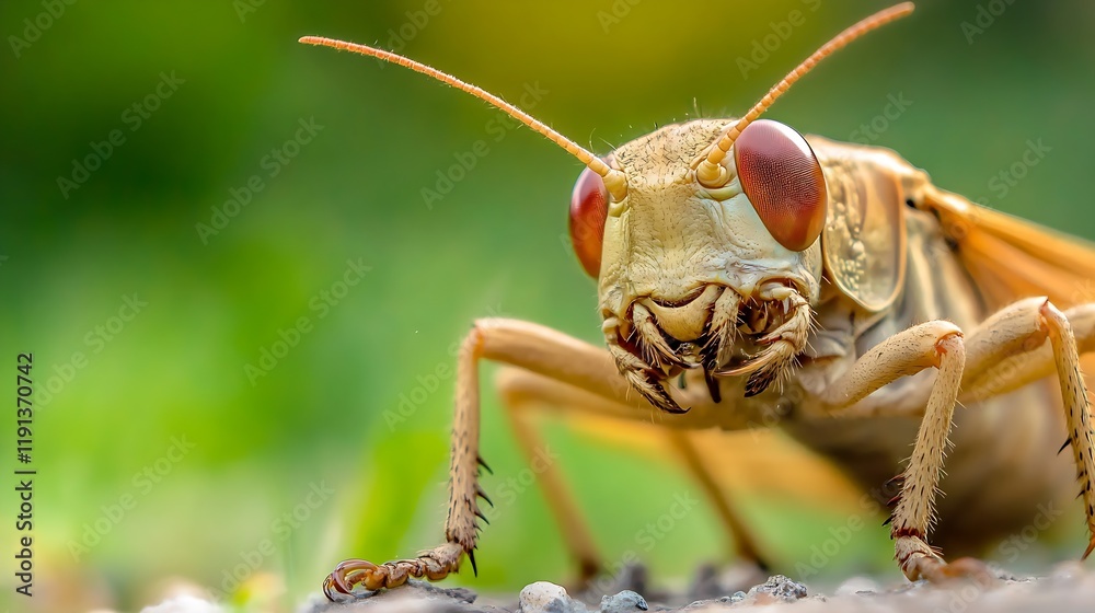 Poster giant grasshopper perched in natural habitat with detailed features : generative ai