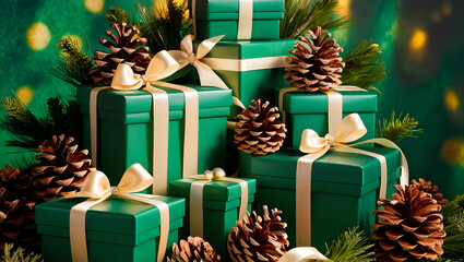 A seasonal holiday scene with beautifully wrapped green presents and rustic pine cones, arranged on a deep green background for a cozy, festive feel.