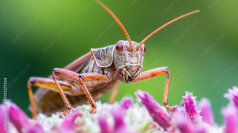 Poster Colorful Grasshopper on Blossom with Vibrant Background in Detailed Macro View : Generative AI