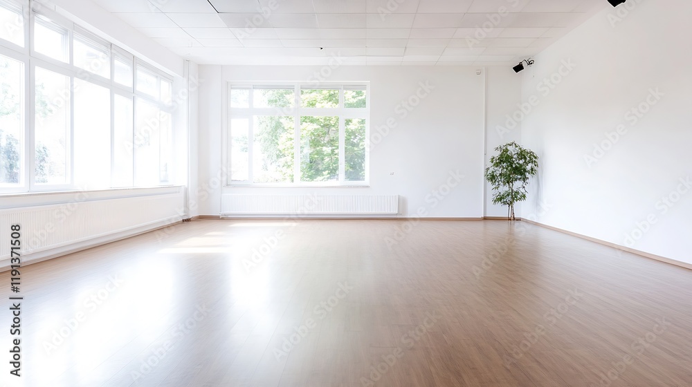 Poster Spacious empty room with large windows bright natural lighting and wooden flooring perfect for various uses : Generative AI