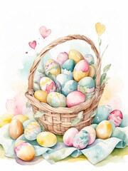 Wicker basket filled with pastel Easter eggs surrounded by colorful hearts and spring tones.