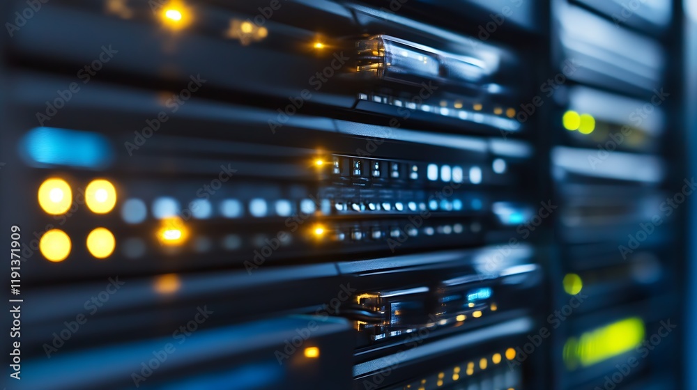 Poster Horizontal View of Illuminated Data Center Servers with Focus on Technology and Connectivity : Generative AI