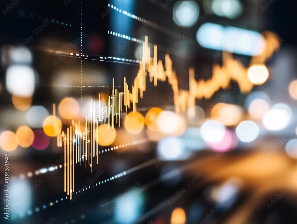 Leinwandbilder stock market data with blurred city lights background and dynamic graph display : generative ai