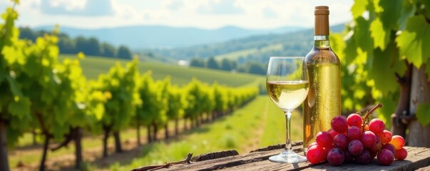 Fototapeta premium Iced white wine, ripe grapes, rolling hills vineyard , ice, drink