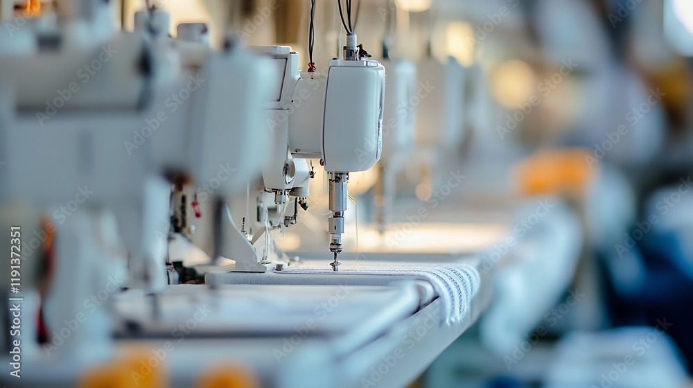 Aufkleber row of industrial sewing machines focused on textile production in factory setting : generative ai
