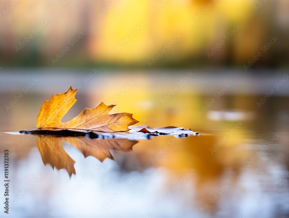 Poster solitary autumn leaf floating on water with reflected golden sunlight in tranquil pond : generative 