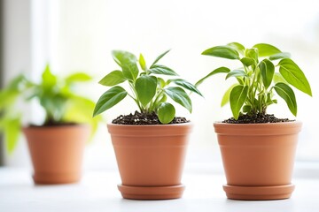 Fototapeta premium Three Vibrant Green Houseplants in Terracotta Pots by Sunlit Window for Home Garden Inspiration : Generative AI