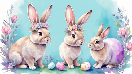 Fototapeta premium Three bunnies with floral crowns and pastel eggs in a bright spring scene.