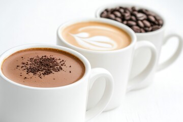 Fototapeta premium Trio of Coffee Cups Displaying Varieties Espresso Cappuccino and Beans : Generative AI