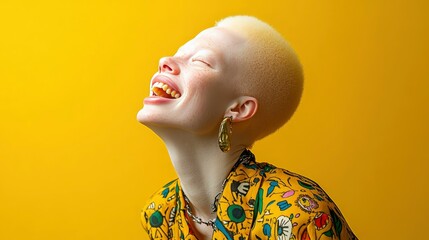 Joyful Woman with Albinism Laughing Against Yellow Background