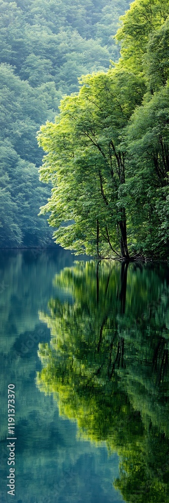 Poster serene lake reflecting verdant forest trees in a peaceful and natural setting : generative ai