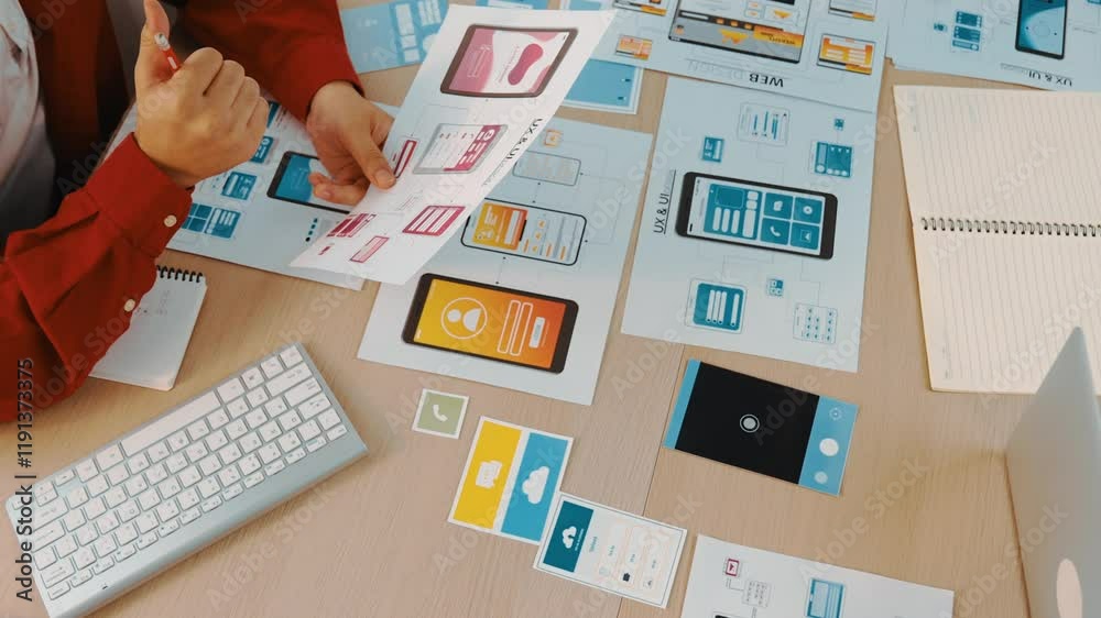 Poster hand focus of startup company employee present user interface prototype for mobile application to sm