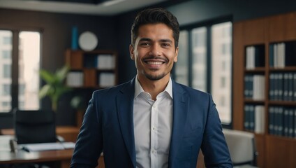  Smiling elegant confident young professional Latino Hispanic business man , male proud leader, smart Latin businessman lawyer