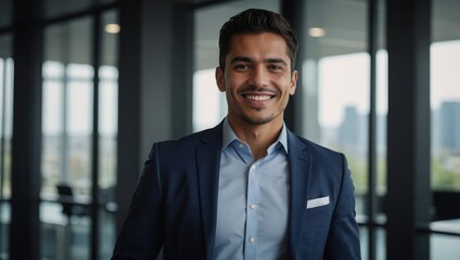  Smiling elegant confident young professional Latino Hispanic business man , male proud leader, smart Latin businessman lawyer