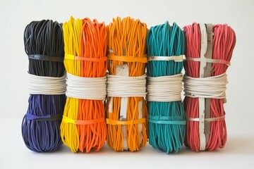 Colorful coiled cords bundled tightly together.