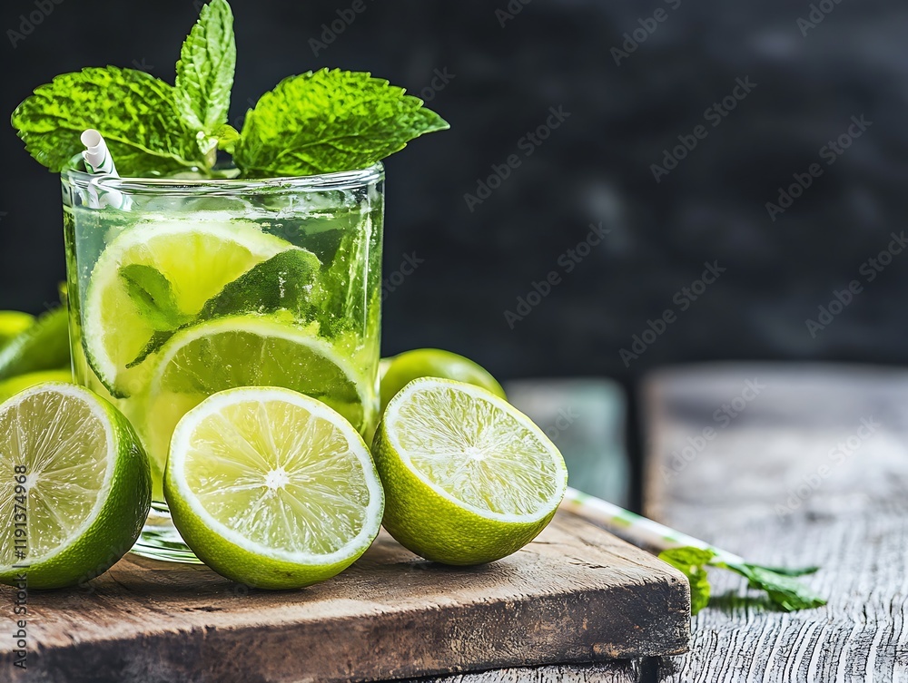 Poster refreshing mojito cocktail with lime mint on wooden table for summer parties : generative ai