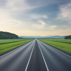 Driving on a rural highway through the countryside with a clear sky and open fields