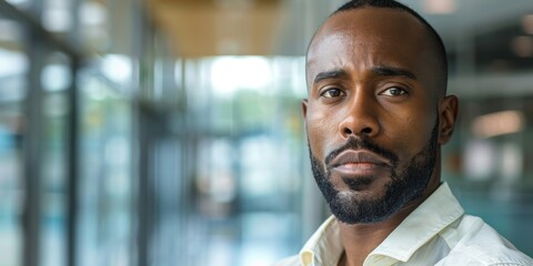 Obraz premium Professional portrait of a confident man in an office setting, embodying leadership and focus. Represents a manager or entrepreneur with a vision in a contemporary work environment