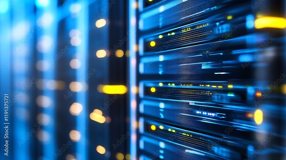 Poster Perspective View of Glowing Data Center Server Racks with Blue and Yellow LED Lights : Generative AI