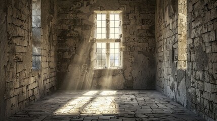 Stunning view of a vacant room with stone walls captured through a grand rectangular window