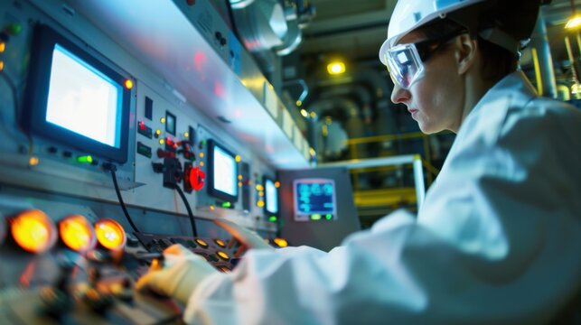 A close-up of a nuclear physicist in a research reactor facility conducting experiments on nuclear reactions, with control panels and radiation shielding in the background