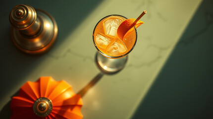 Refreshing citrus cocktail with ice, garnished with an orange slice and served in a tall glass. Perfect summer drink.