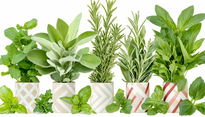 Obraz premium Fresh herbs in pots, kitchen garden, healthy cooking, white background, culinary use
