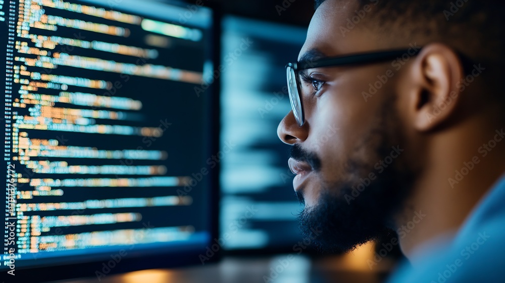Aufkleber Focused Developer Working on Code Programming on Dual Monitors in Modern Office : Generative AI