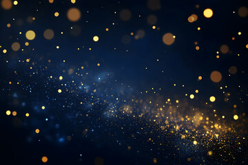 Abstract display of golden fireworks with a dark blue bokeh background, sparkling trails, and space for celebratory text