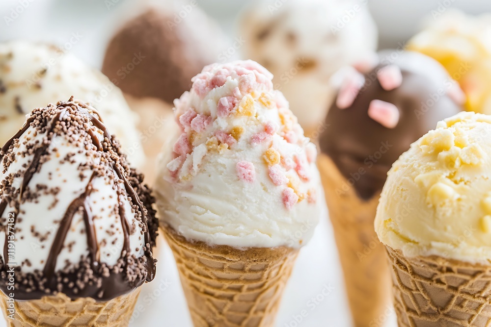 Poster assortment of colorful ice cream cones with sprinkles and chocolate toppings for summer treats : gen