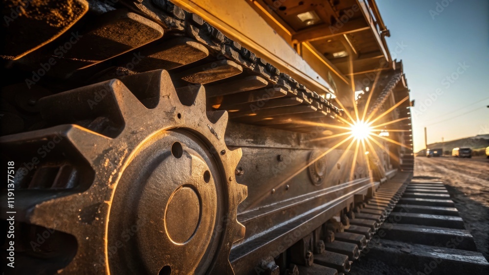 Poster a closeup capture of heavy machinery with the sun creating bright highlights on the metal surfaces w