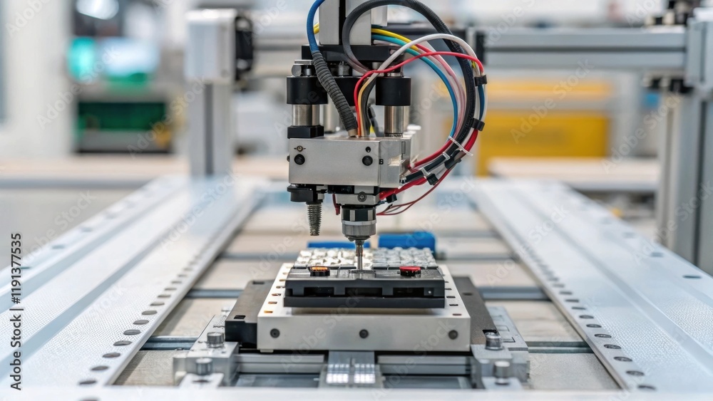 Aufkleber A closeup captures a programmable robot carefully assembling components of a prefabricated module with wires and connectors being joined seamlessly. The image highlights the