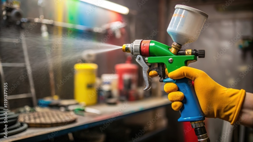 Poster a closeup captures the intensity in the paint sprayers trigger hand revealing the contrast of the vi