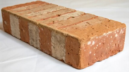 A closeup captures an artisanal brick with unique handformed characteristics featuring uneven edges and a mottled surface structure that celebrates its handcrafted origin and