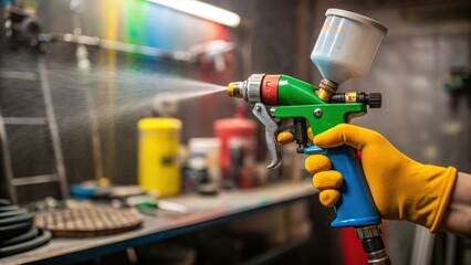 A closeup captures the intensity in the paint sprayers trigger hand revealing the contrast of the vibrant paint against the muted colors of the work environment around them.
